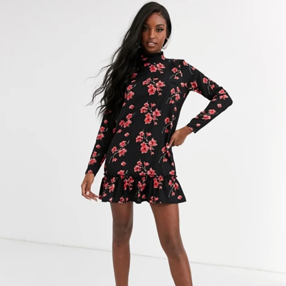 High Neck Shift Dress in Black Floral Print * Tall